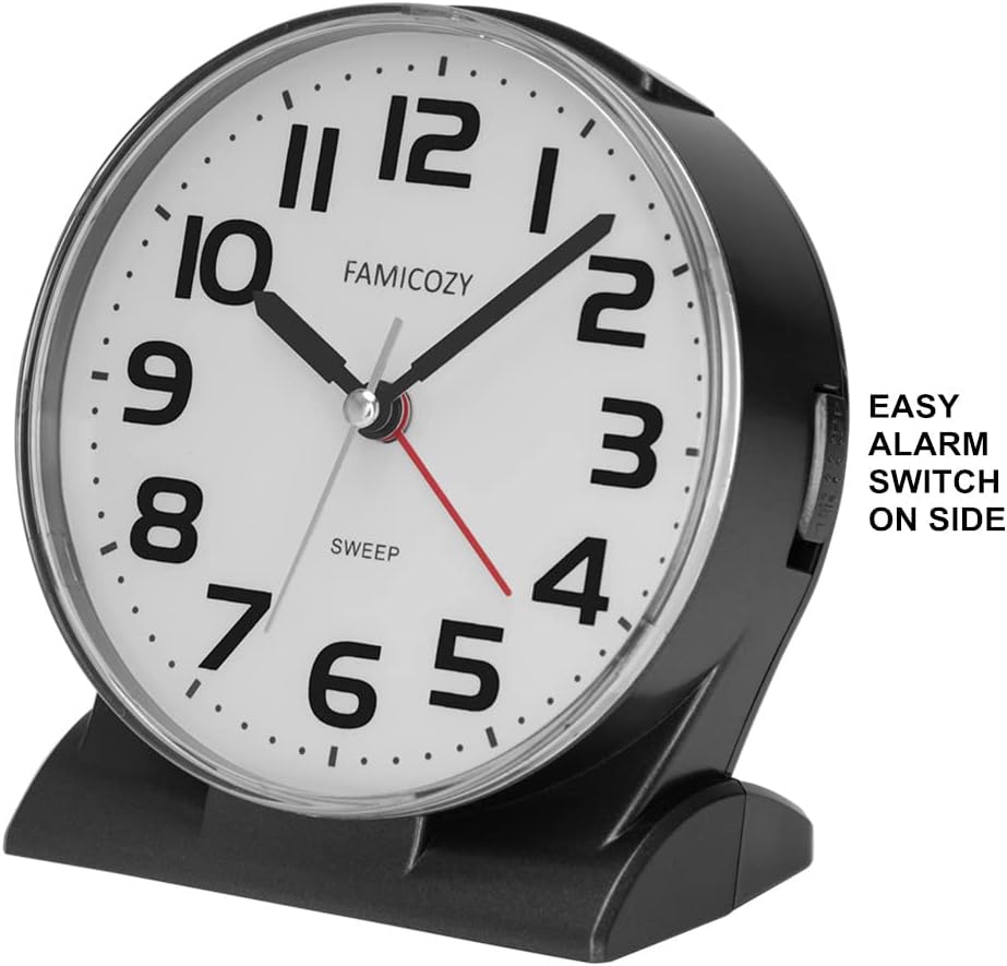 4.5" No Ticking Analog Alarm Clock,Silent Readable for Seniors,Easy to Set,Gradual Rise Alarm,Big Numbers,On/Off Switch on Side,Gentle Wake,Snooze Soft Backlight,Battery Operated,Black