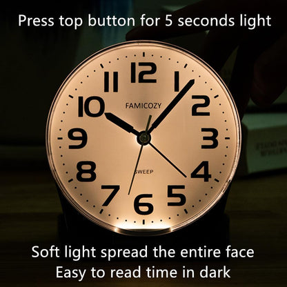 4.5" No Ticking Analog Alarm Clock,Silent Readable for Seniors,Easy to Set,Gradual Rise Alarm,Big Numbers,On/Off Switch on Side,Gentle Wake,Snooze Soft Backlight,Battery Operated,Black