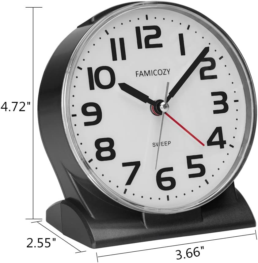 4.5" No Ticking Analog Alarm Clock,Silent Readable for Seniors,Easy to Set,Gradual Rise Alarm,Big Numbers,On/Off Switch on Side,Gentle Wake,Snooze Soft Backlight,Battery Operated,Black