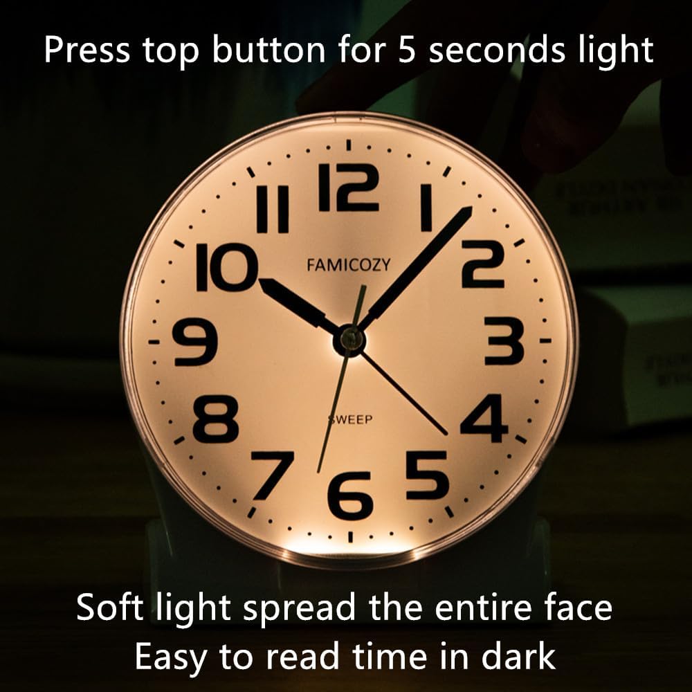 4.5" No Ticking Analog Alarm Clock,Silent Readable for Seniors,Easy to Set,Gradual Rise Alarm,Big Numbers,On/Off Switch on Side,Gentle Wake,Snooze Soft Backlight,Battery Operated,Black