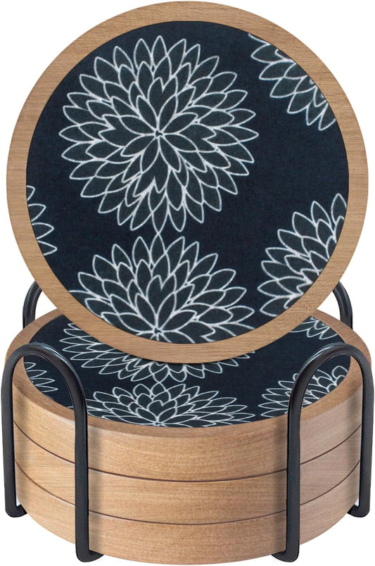 Wood Coasters Set of 4 with Holder, Cup Mat for Drinks, Absorbent Coasters with Felt Insert for Coffee Table Protection, Modern Style Home Dining Table Decor, 4.3" Black