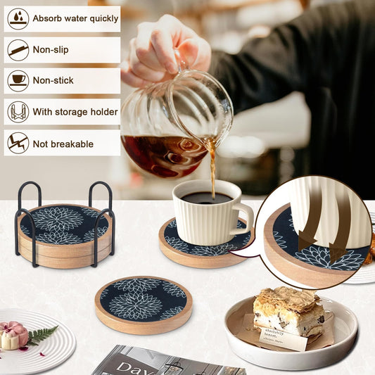 Wood Coasters Set of 4 with Holder, Cup Mat for Drinks, Absorbent Coasters with Felt Insert for Coffee Table Protection, Modern Style Home Dining Table Decor, 4.3" Black