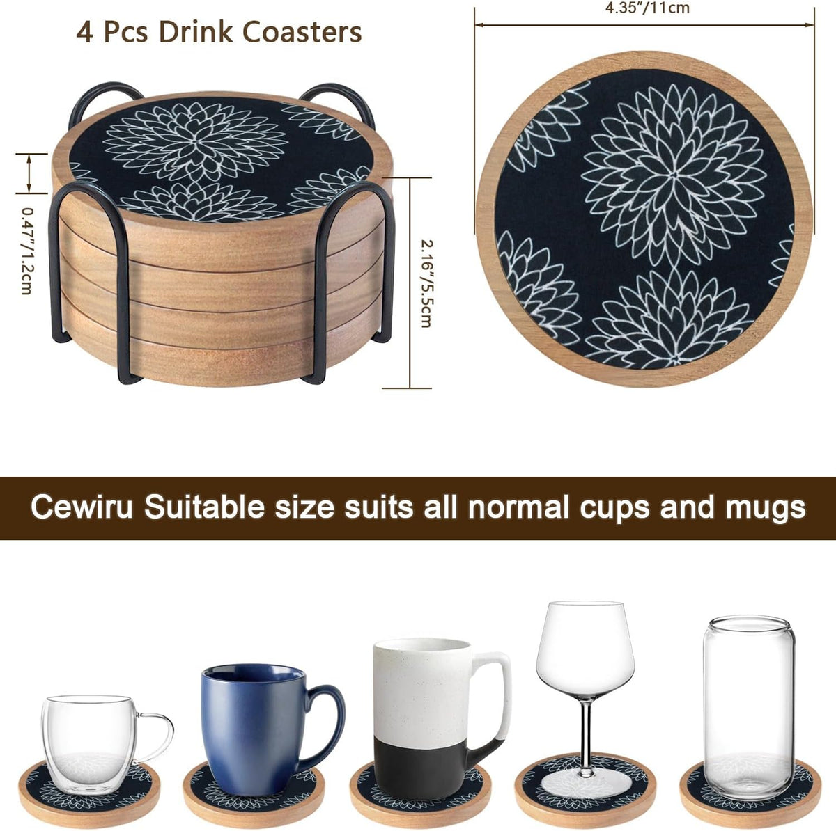 Wood Coasters Set of 4 with Holder, Cup Mat for Drinks, Absorbent Coasters with Felt Insert for Coffee Table Protection, Modern Style Home Dining Table Decor, 4.3" Black