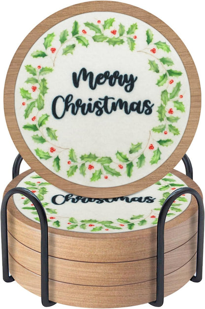 Wood Coasters Set of 4 with Holder, Cup Mat for Drinks, Absorbent Coasters with Felt Insert for Coffee Table Protection, Modern Style Home Dining Table Decor, 4.3" Black