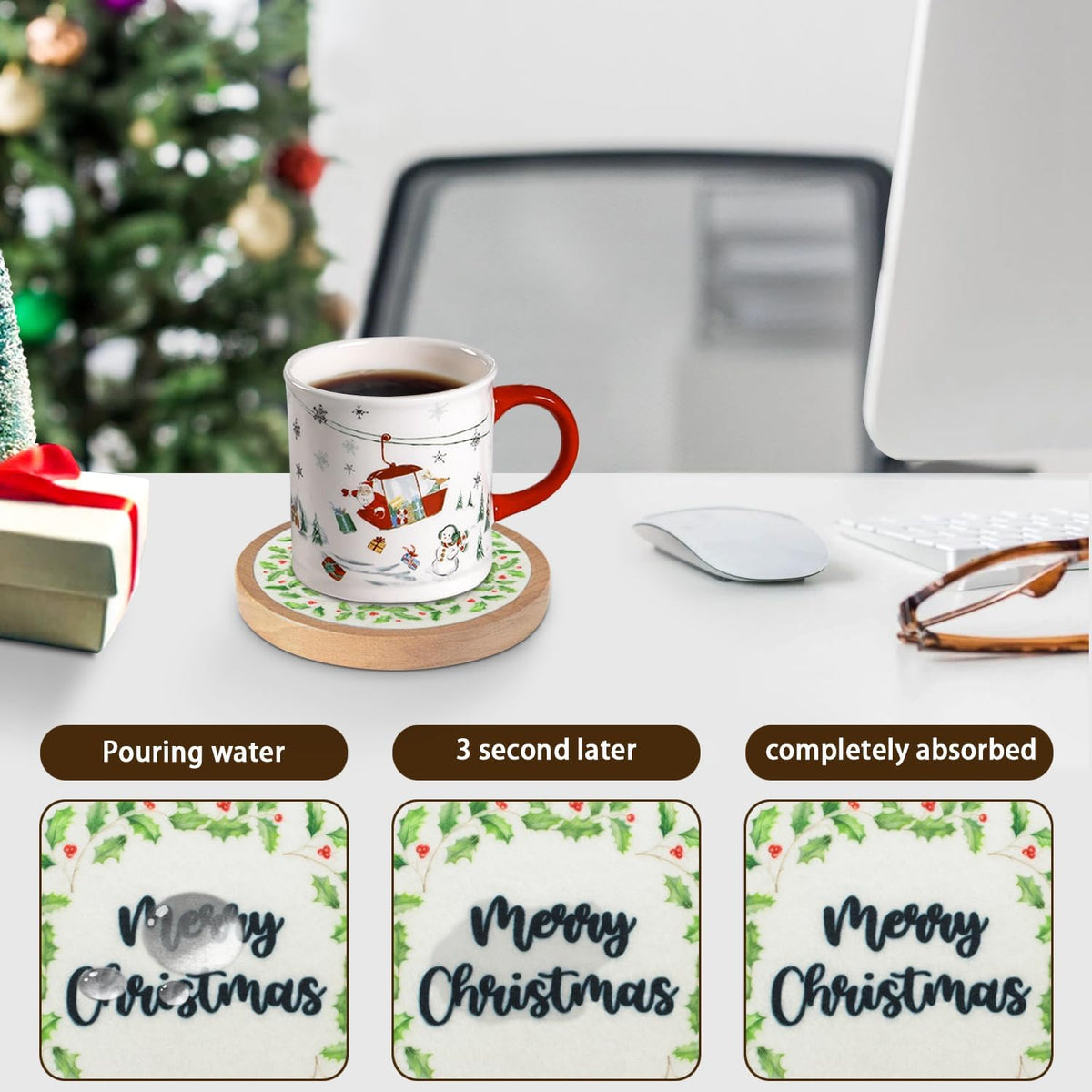 Wood Coasters Set of 4 with Holder, Cup Mat for Drinks, Absorbent Coasters with Felt Insert for Coffee Table Protection, Modern Style Home Dining Table Decor, 4.3" Black