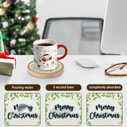 Wood Coasters Set of 4 with Holder, Cup Mat for Drinks, Absorbent Coasters with Felt Insert for Coffee Table Protection, Modern Style Home Dining Table Decor, 4.3" Black