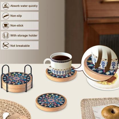Wood Coasters Set of 4 with Holder, Cup Mat for Drinks, Absorbent Coasters with Felt Insert for Coffee Table Protection, Modern Style Home Dining Table Decor, 4.3" Black