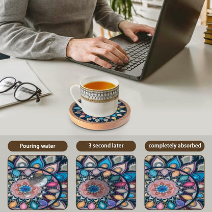 Wood Coasters Set of 4 with Holder, Cup Mat for Drinks, Absorbent Coasters with Felt Insert for Coffee Table Protection, Modern Style Home Dining Table Decor, 4.3" Black