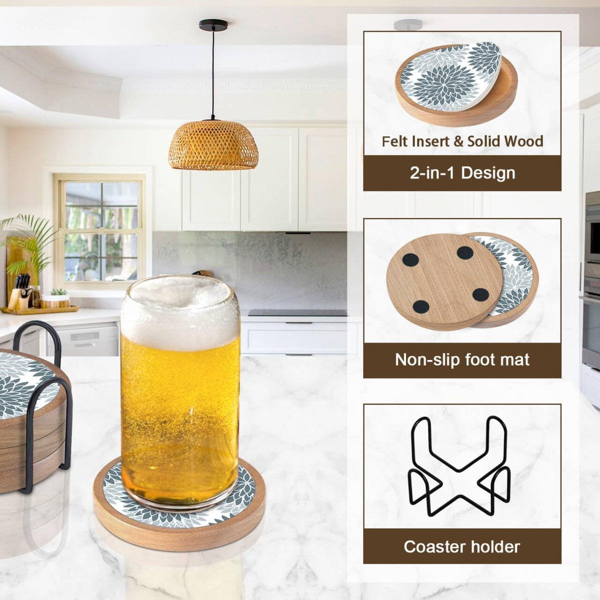 Wood Coasters Set of 4 with Holder, Cup Mat for Drinks, Absorbent Coasters with Felt Insert for Coffee Table Protection, Modern Style Home Dining Table Decor, 4.3" Black