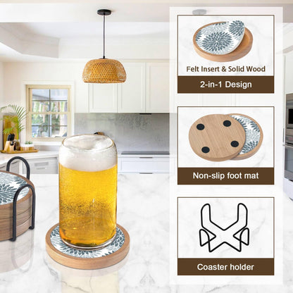 Wood Coasters Set of 4 with Holder, Cup Mat for Drinks, Absorbent Coasters with Felt Insert for Coffee Table Protection, Modern Style Home Dining Table Decor, 4.3" Black
