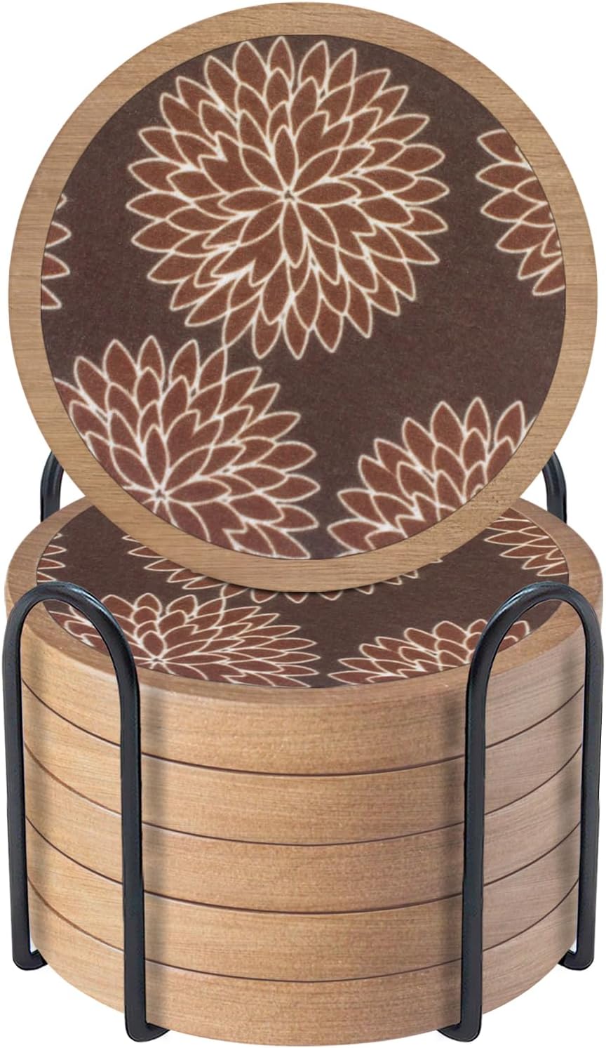 Wood Coasters Set of 4 with Holder, Cup Mat for Drinks, Absorbent Coasters with Felt Insert for Coffee Table Protection, Modern Style Home Dining Table Decor, 4.3" Black