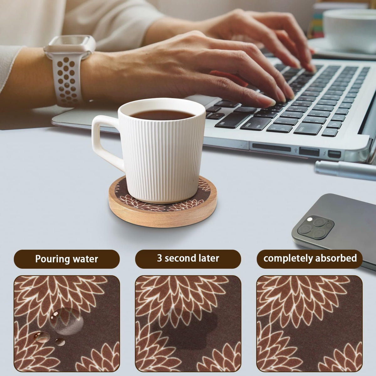 Wood Coasters Set of 4 with Holder, Cup Mat for Drinks, Absorbent Coasters with Felt Insert for Coffee Table Protection, Modern Style Home Dining Table Decor, 4.3" Black