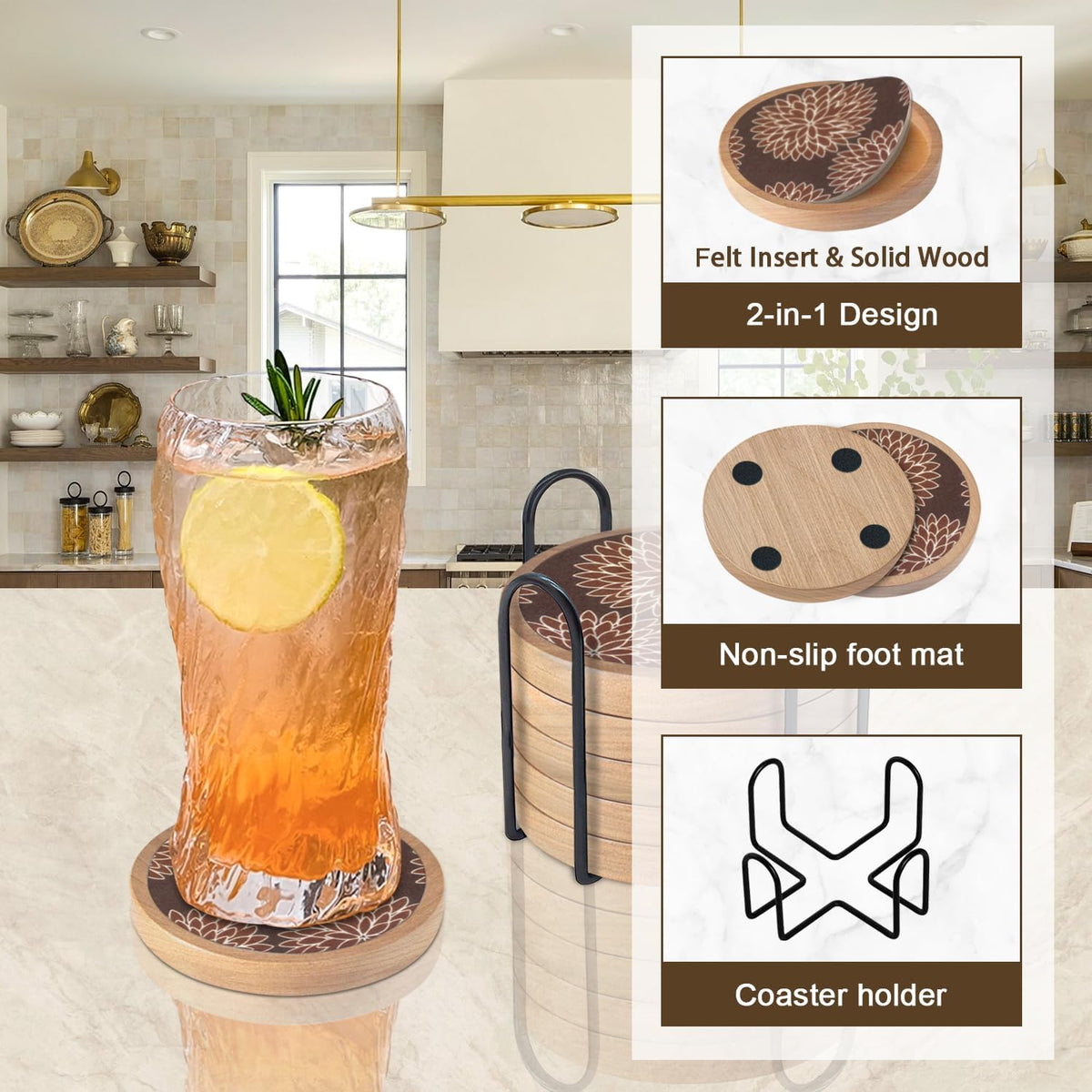Wood Coasters Set of 4 with Holder, Cup Mat for Drinks, Absorbent Coasters with Felt Insert for Coffee Table Protection, Modern Style Home Dining Table Decor, 4.3" Black