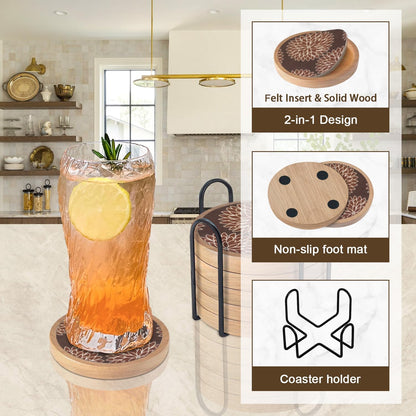 Wood Coasters Set of 4 with Holder, Cup Mat for Drinks, Absorbent Coasters with Felt Insert for Coffee Table Protection, Modern Style Home Dining Table Decor, 4.3" Black