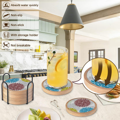 Wood Coasters Set of 4 with Holder, Cup Mat for Drinks, Absorbent Coasters with Felt Insert for Coffee Table Protection, Modern Style Home Dining Table Decor, 4.3" Black