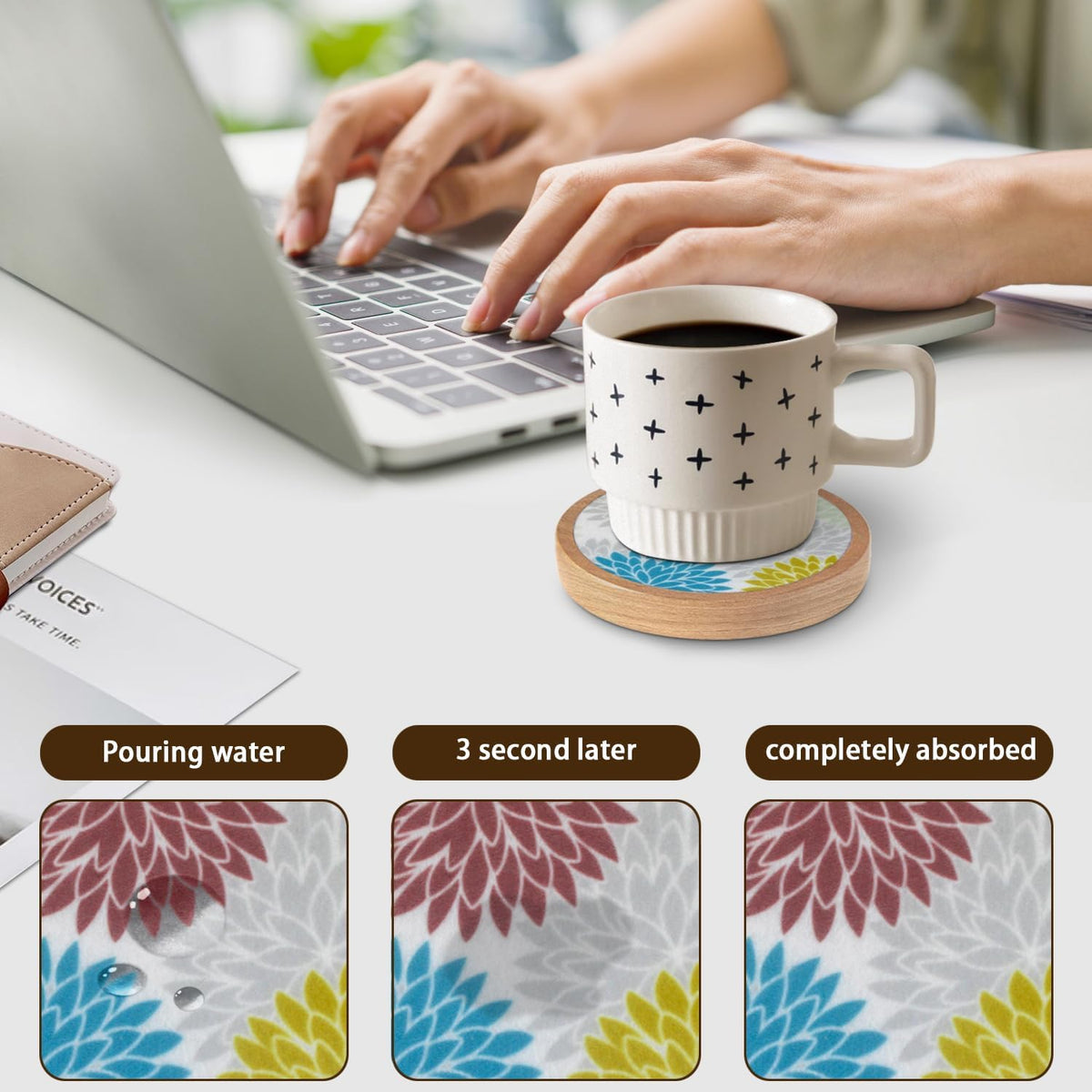 Wood Coasters Set of 4 with Holder, Cup Mat for Drinks, Absorbent Coasters with Felt Insert for Coffee Table Protection, Modern Style Home Dining Table Decor, 4.3" Black