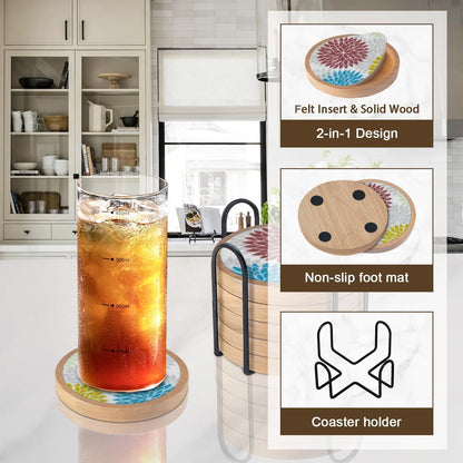 Wood Coasters Set of 4 with Holder, Cup Mat for Drinks, Absorbent Coasters with Felt Insert for Coffee Table Protection, Modern Style Home Dining Table Decor, 4.3" Black