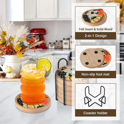 Wood Coasters Set of 4 with Holder, Cup Mat for Drinks, Absorbent Coasters with Felt Insert for Coffee Table Protection, Modern Style Home Dining Table Decor, 4.3" Black