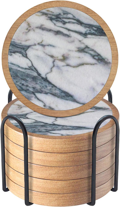 Wood Coasters Set of 4 with Holder, Cup Mat for Drinks, Absorbent Coasters with Felt Insert for Coffee Table Protection, Modern Style Home Dining Table Decor, 4.3" Black