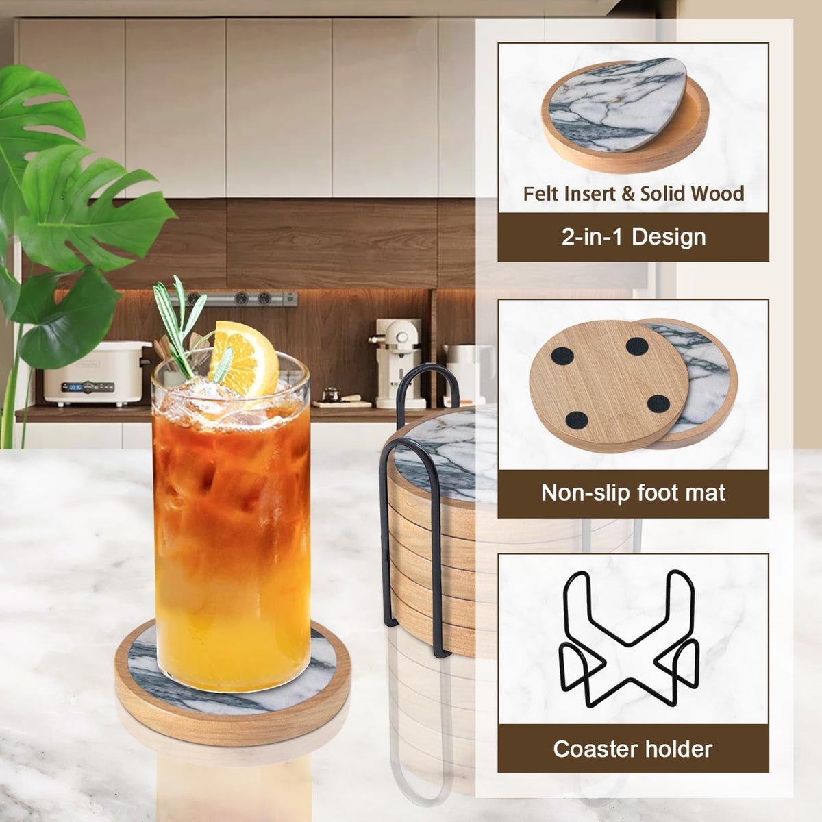 Wood Coasters Set of 4 with Holder, Cup Mat for Drinks, Absorbent Coasters with Felt Insert for Coffee Table Protection, Modern Style Home Dining Table Decor, 4.3" Black