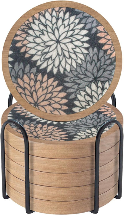 Wood Coasters Set of 4 with Holder, Cup Mat for Drinks, Absorbent Coasters with Felt Insert for Coffee Table Protection, Modern Style Home Dining Table Decor, 4.3" Black