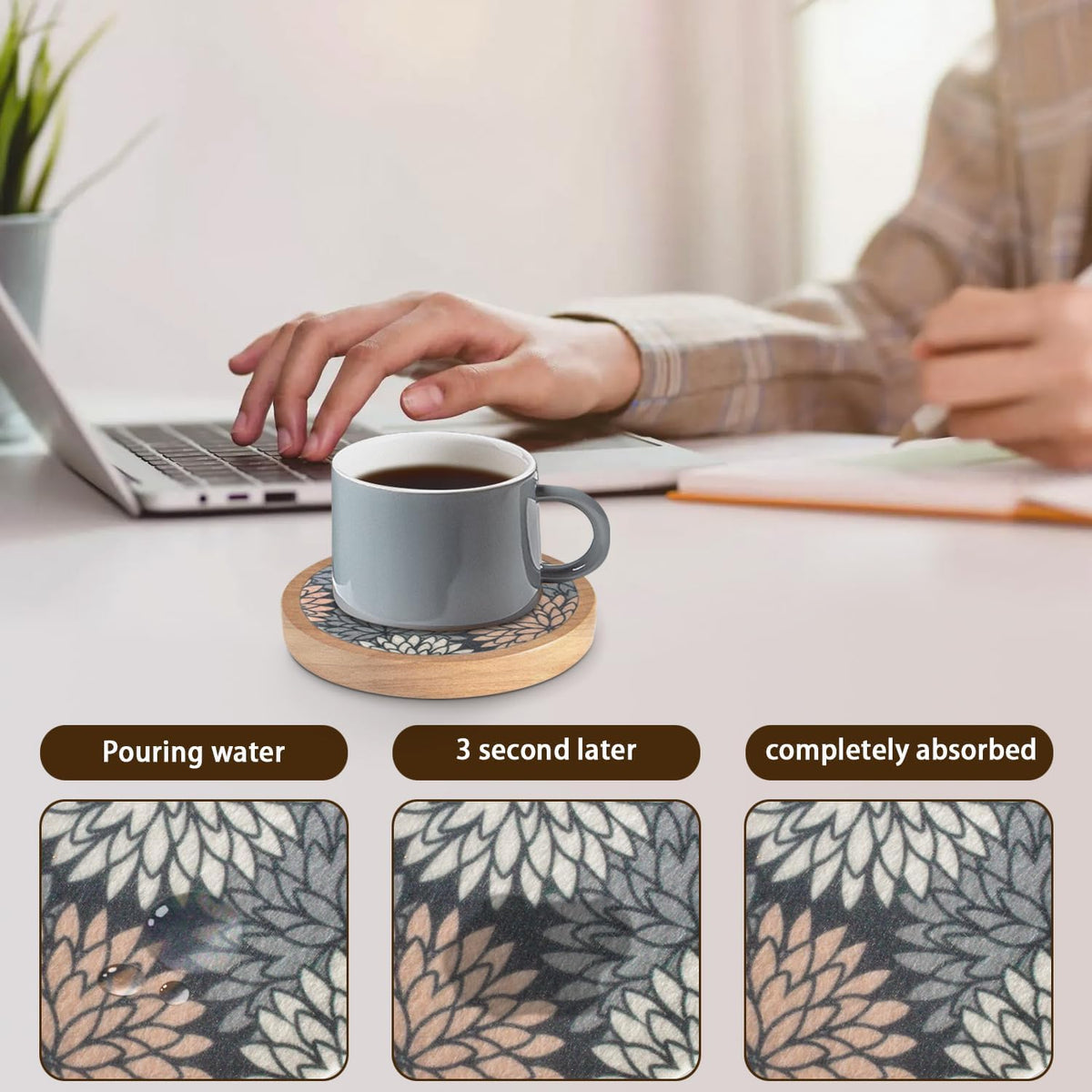 Wood Coasters Set of 4 with Holder, Cup Mat for Drinks, Absorbent Coasters with Felt Insert for Coffee Table Protection, Modern Style Home Dining Table Decor, 4.3" Black