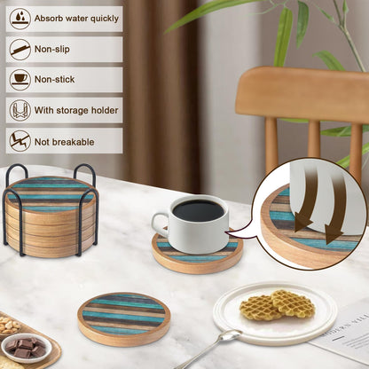 Wood Coasters Set of 4 with Holder, Cup Mat for Drinks, Absorbent Coasters with Felt Insert for Coffee Table Protection, Modern Style Home Dining Table Decor, 4.3" Black