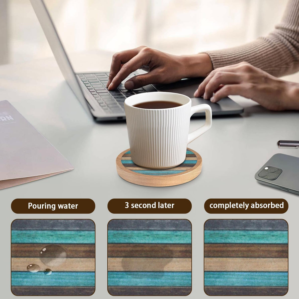 Wood Coasters Set of 4 with Holder, Cup Mat for Drinks, Absorbent Coasters with Felt Insert for Coffee Table Protection, Modern Style Home Dining Table Decor, 4.3" Black
