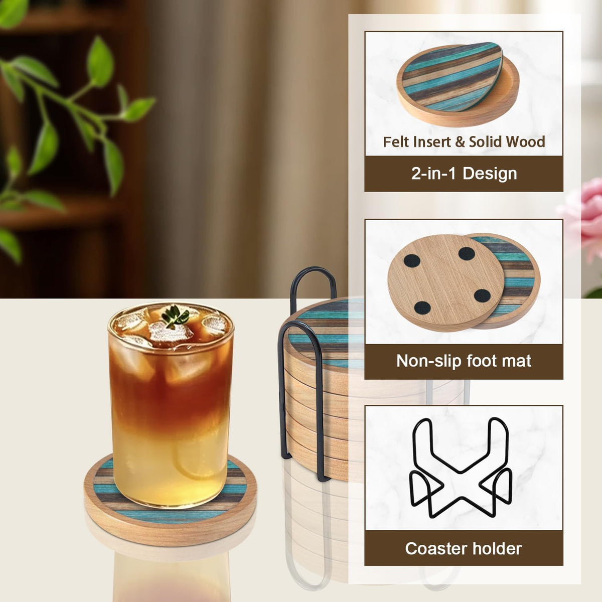 Wood Coasters Set of 4 with Holder, Cup Mat for Drinks, Absorbent Coasters with Felt Insert for Coffee Table Protection, Modern Style Home Dining Table Decor, 4.3" Black