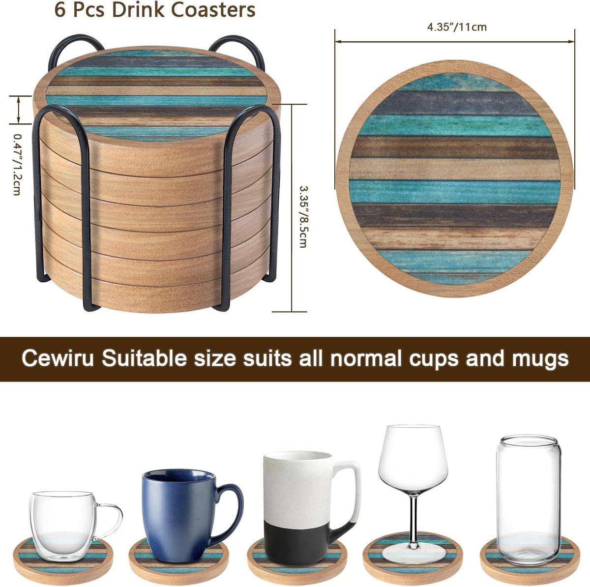 Wood Coasters Set of 4 with Holder, Cup Mat for Drinks, Absorbent Coasters with Felt Insert for Coffee Table Protection, Modern Style Home Dining Table Decor, 4.3" Black