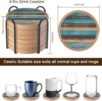 Wood Coasters Set of 4 with Holder, Cup Mat for Drinks, Absorbent Coasters with Felt Insert for Coffee Table Protection, Modern Style Home Dining Table Decor, 4.3" Black