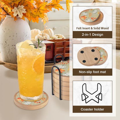 Wood Coasters Set of 4 with Holder, Cup Mat for Drinks, Absorbent Coasters with Felt Insert for Coffee Table Protection, Modern Style Home Dining Table Decor, 4.3" Black
