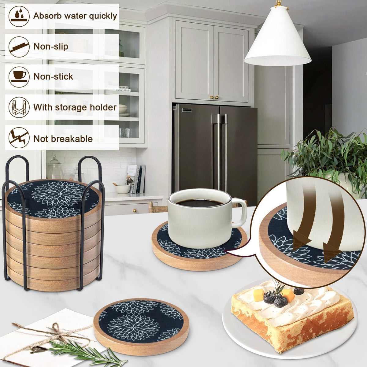 Wood Coasters Set of 4 with Holder, Cup Mat for Drinks, Absorbent Coasters with Felt Insert for Coffee Table Protection, Modern Style Home Dining Table Decor, 4.3" Black