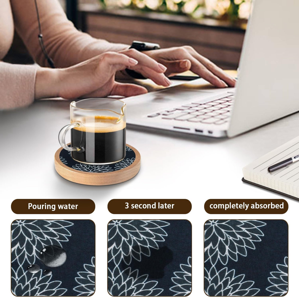 Wood Coasters Set of 4 with Holder, Cup Mat for Drinks, Absorbent Coasters with Felt Insert for Coffee Table Protection, Modern Style Home Dining Table Decor, 4.3" Black