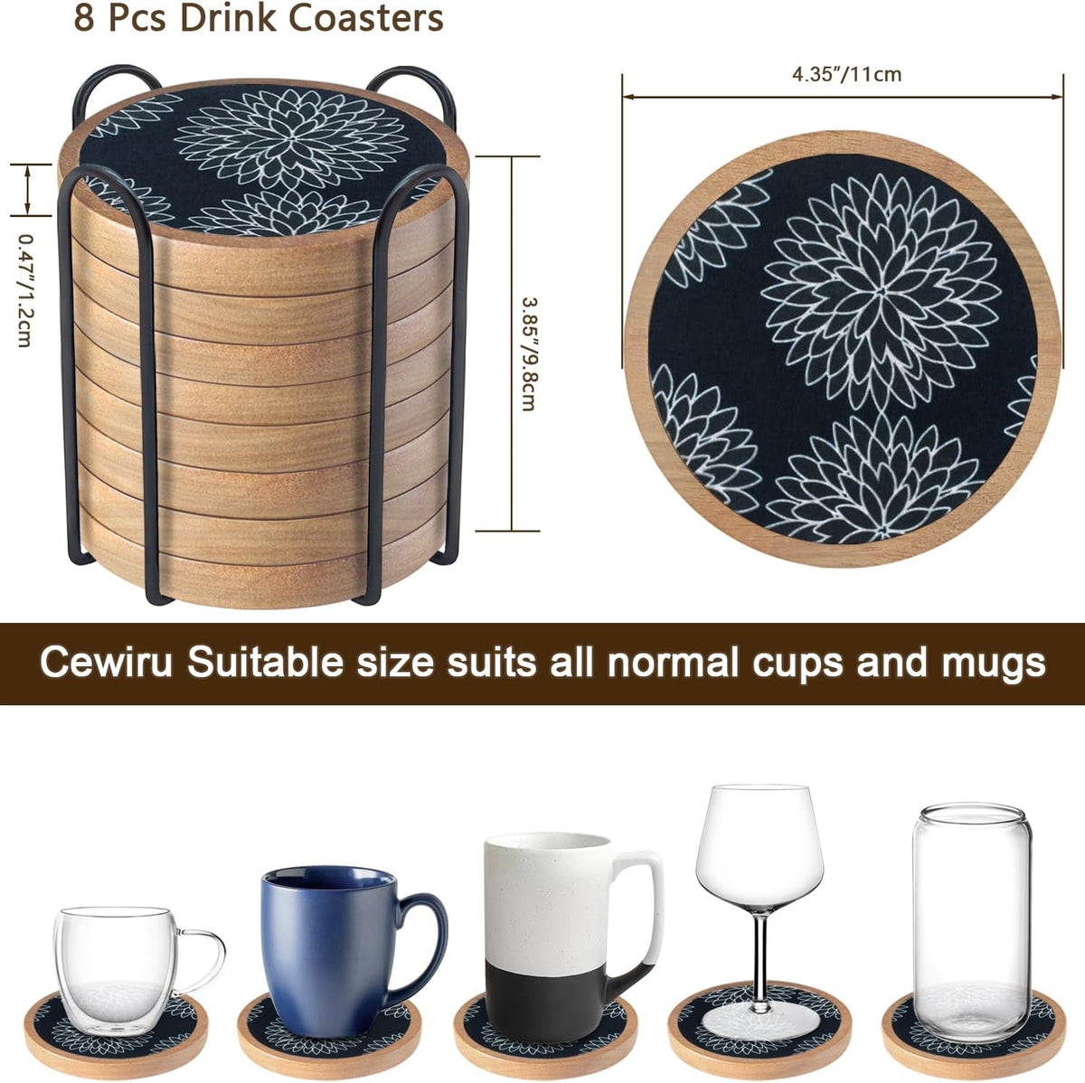 Wood Coasters Set of 4 with Holder, Cup Mat for Drinks, Absorbent Coasters with Felt Insert for Coffee Table Protection, Modern Style Home Dining Table Decor, 4.3" Black