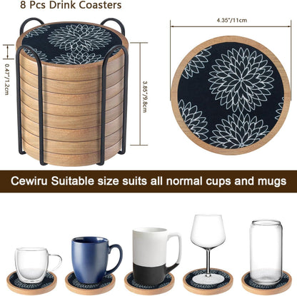 Wood Coasters Set of 4 with Holder, Cup Mat for Drinks, Absorbent Coasters with Felt Insert for Coffee Table Protection, Modern Style Home Dining Table Decor, 4.3" Black