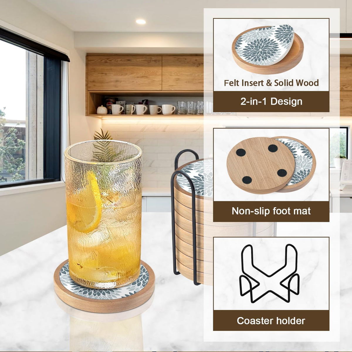 Wood Coasters Set of 4 with Holder, Cup Mat for Drinks, Absorbent Coasters with Felt Insert for Coffee Table Protection, Modern Style Home Dining Table Decor, 4.3" Black
