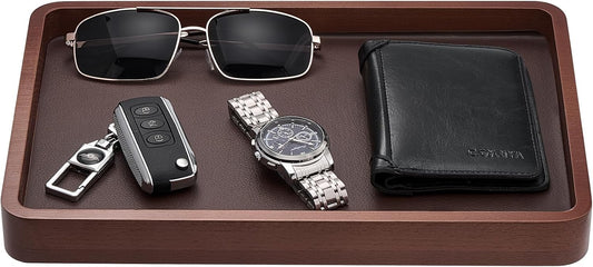 Wood Valet Tray for Men, Key Tray, Desk & Nightstand -DarkBrown