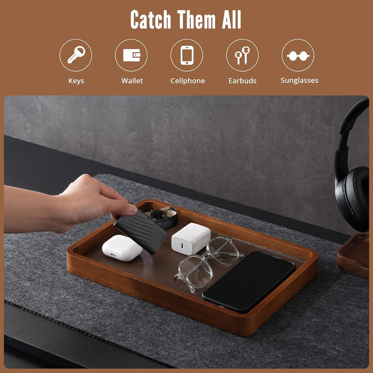 Wood Valet Tray for Men, Key Tray, Desk & Nightstand -DarkBrown