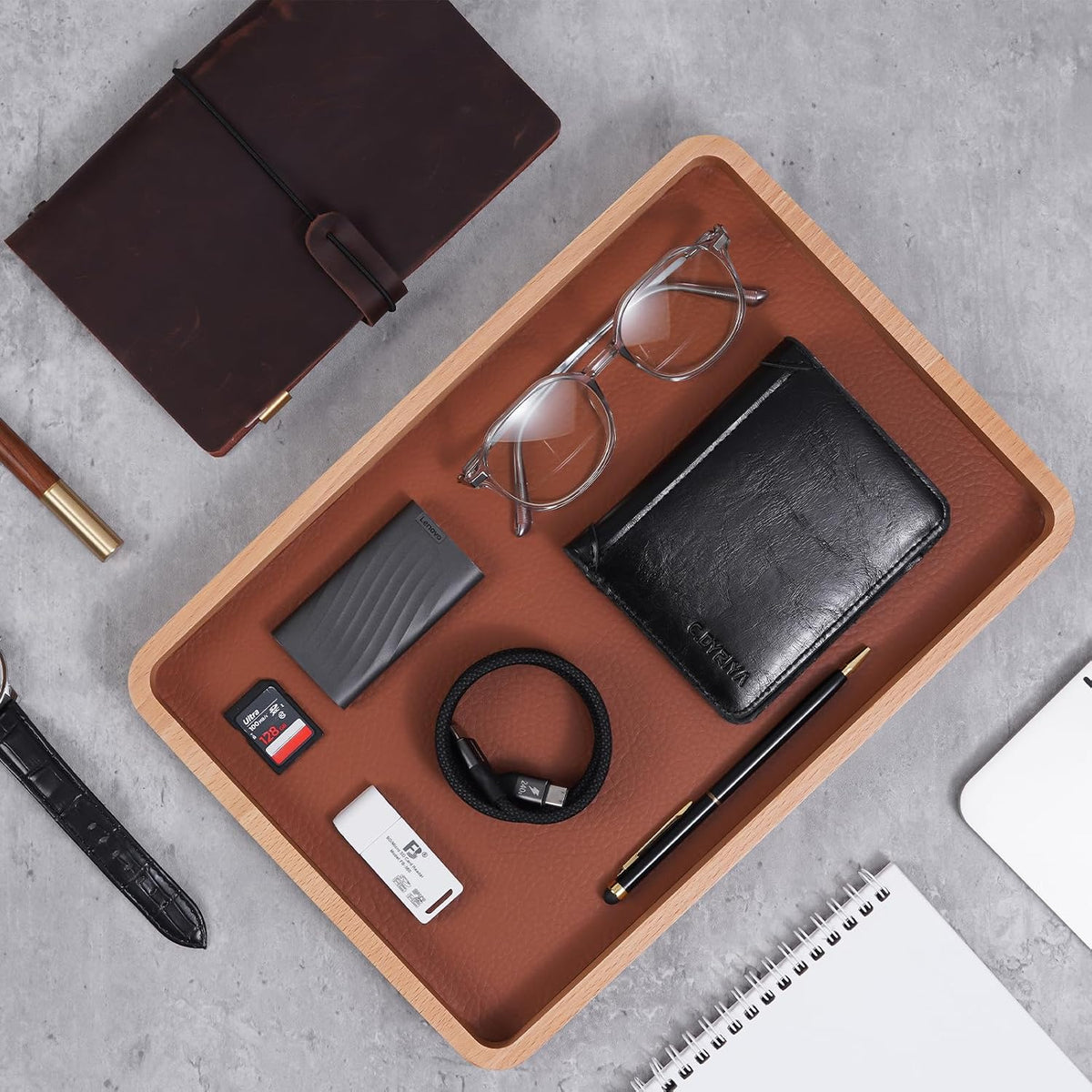 Wood Valet Tray for Men, Key Tray, Desk & Nightstand -DarkBrown