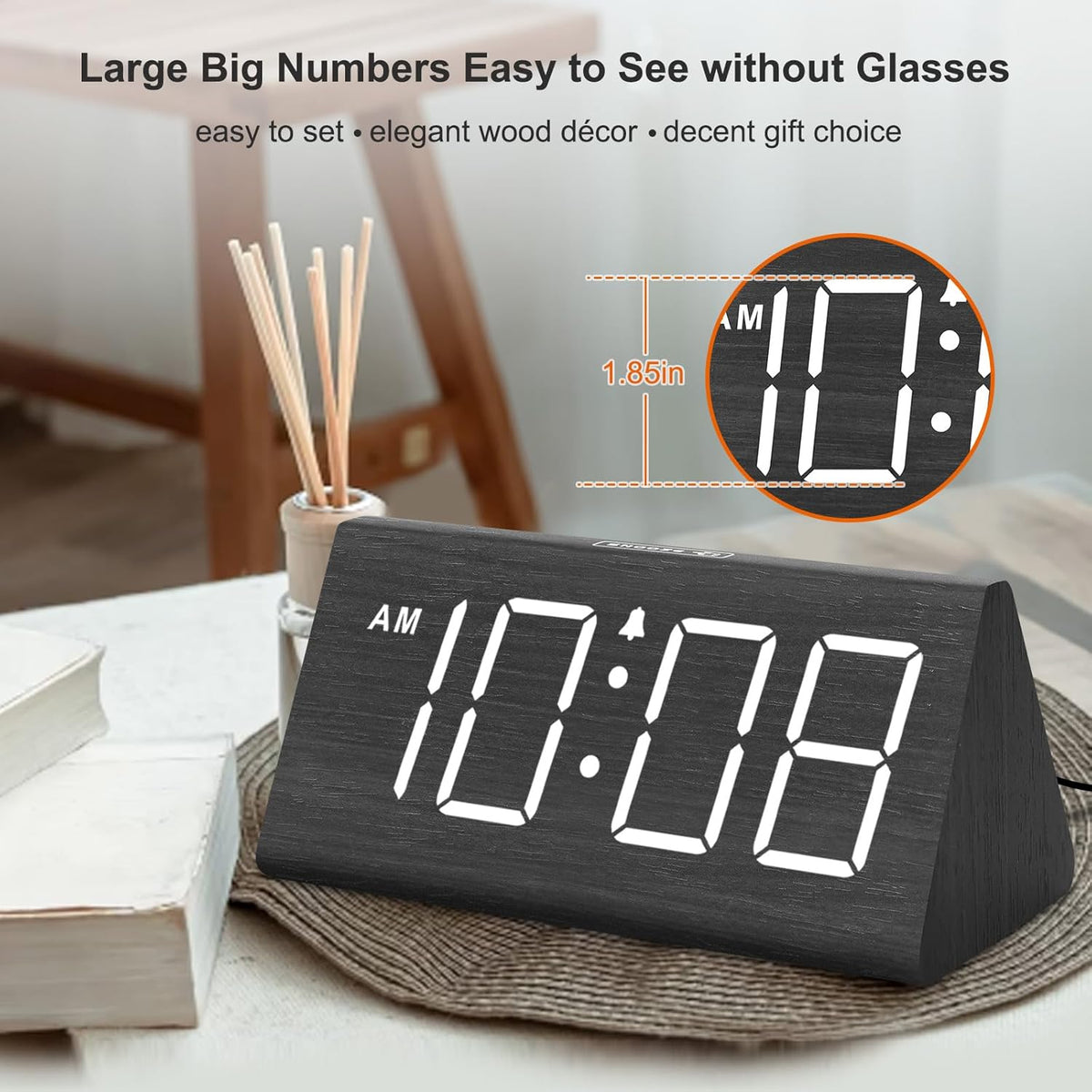 Wooden Digital Alarm Clock for Bedroom Living Room, Large Numbers