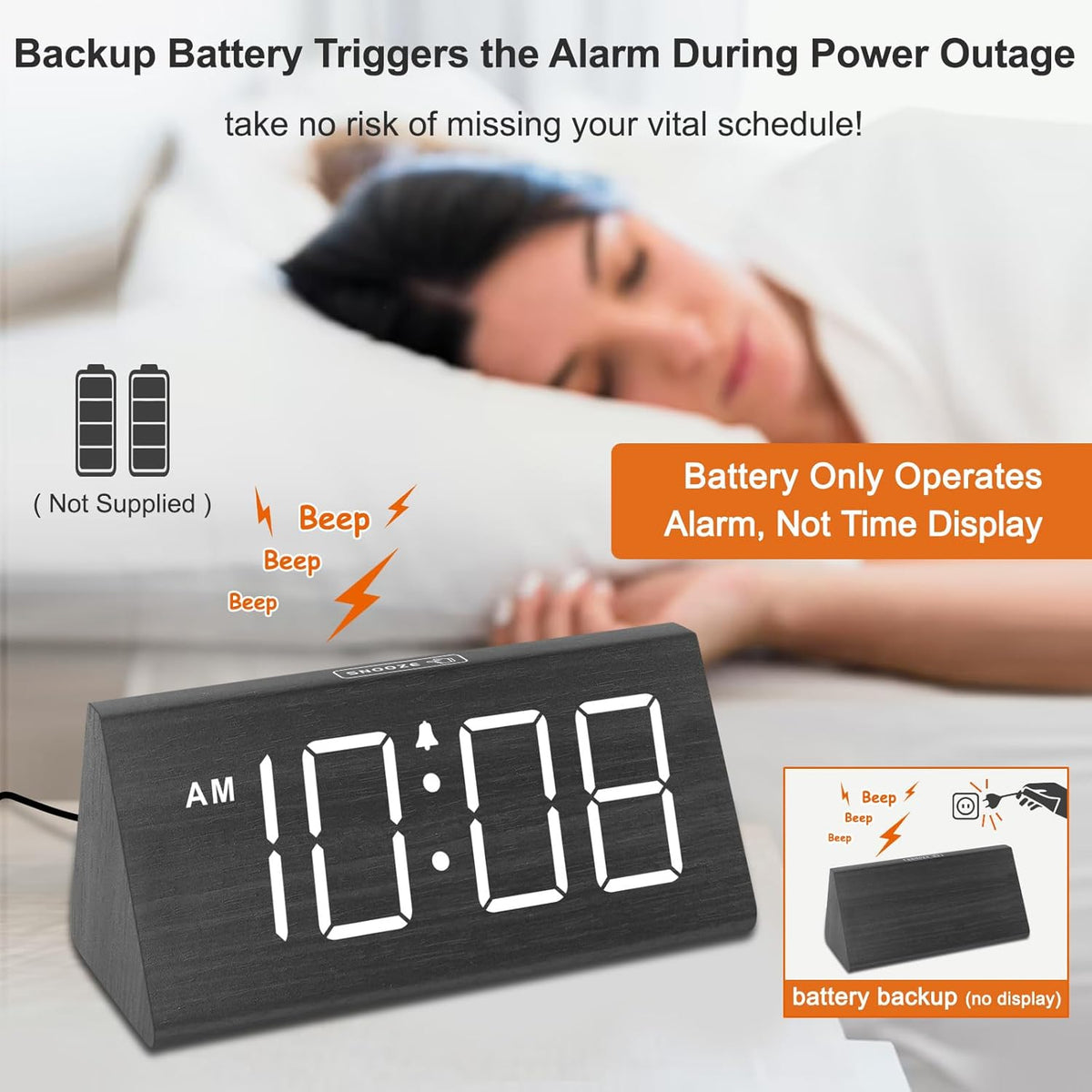 Wooden Digital Alarm Clock for Bedroom Living Room, Large Numbers