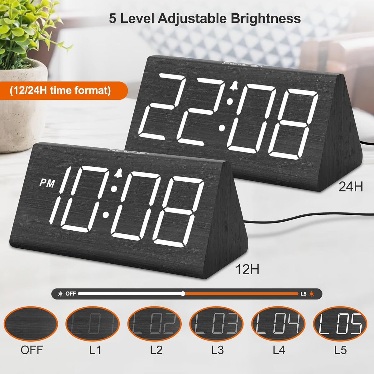 Wooden Digital Alarm Clock for Bedroom Living Room, Large Numbers