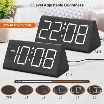 Wooden Digital Alarm Clock for Bedroom Living Room, Large Numbers