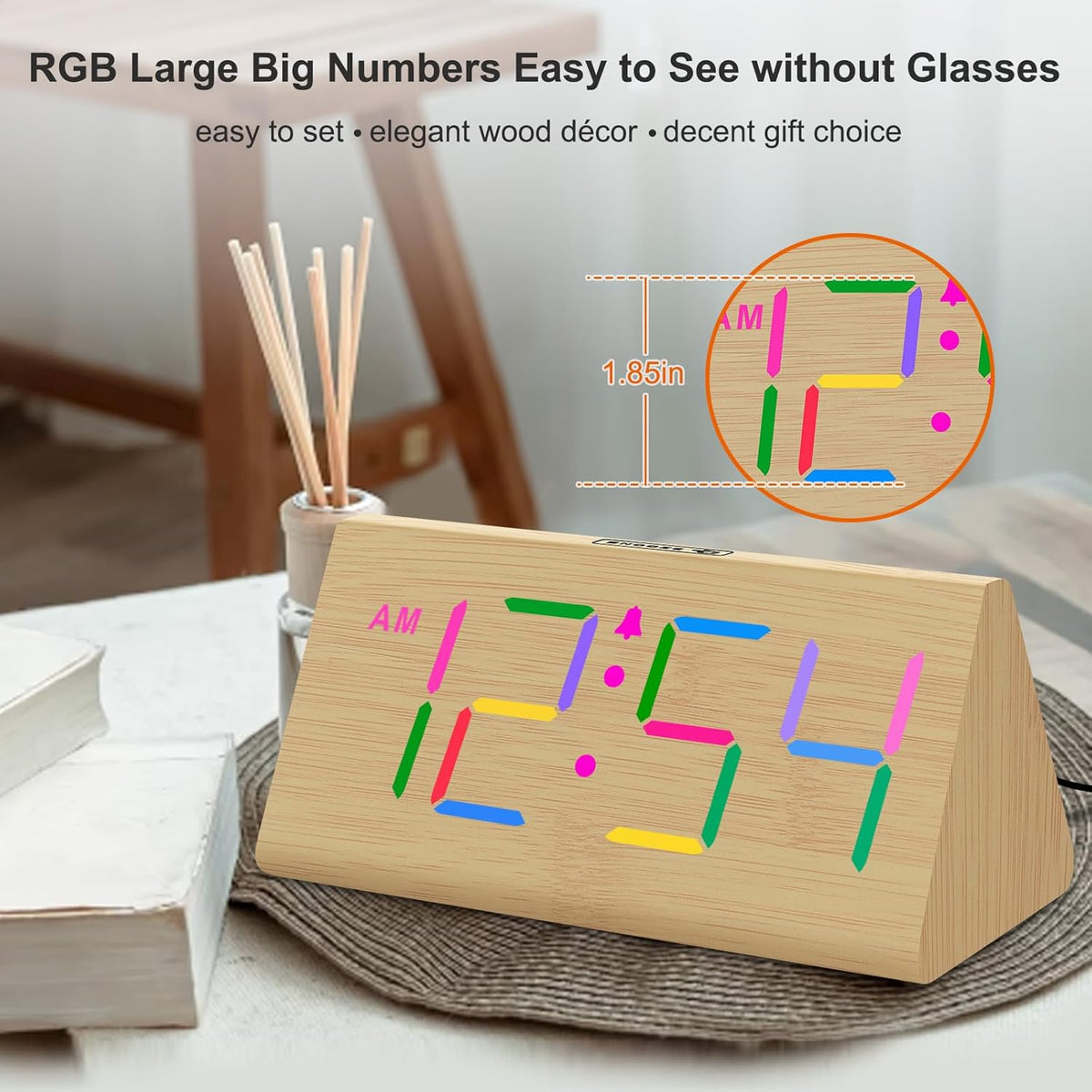 Wooden Digital Alarm Clock for Bedroom Living Room, Large Numbers