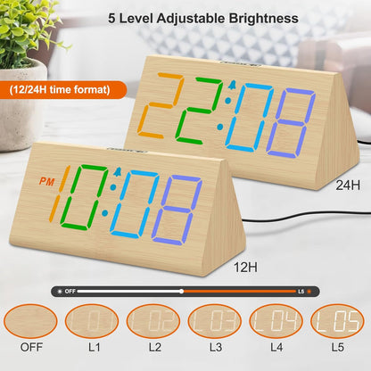 Wooden Digital Alarm Clock for Bedroom Living Room, Large Numbers