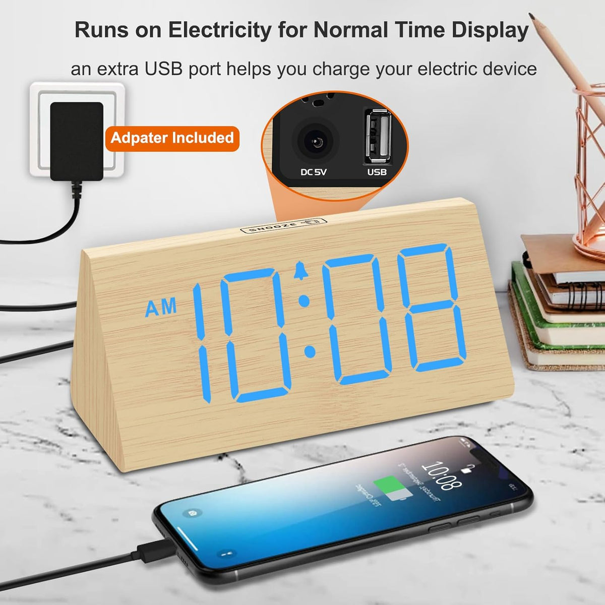 Wooden Digital Alarm Clock for Bedroom Living Room, Large Numbers