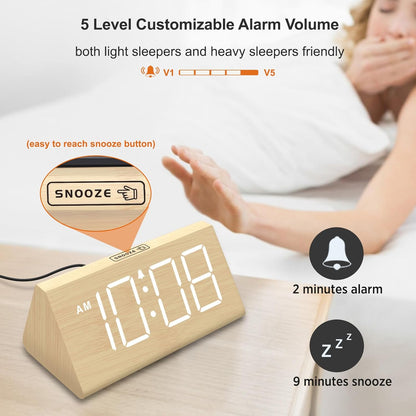 Wooden Digital Alarm Clock for Bedroom Living Room, Large Numbers