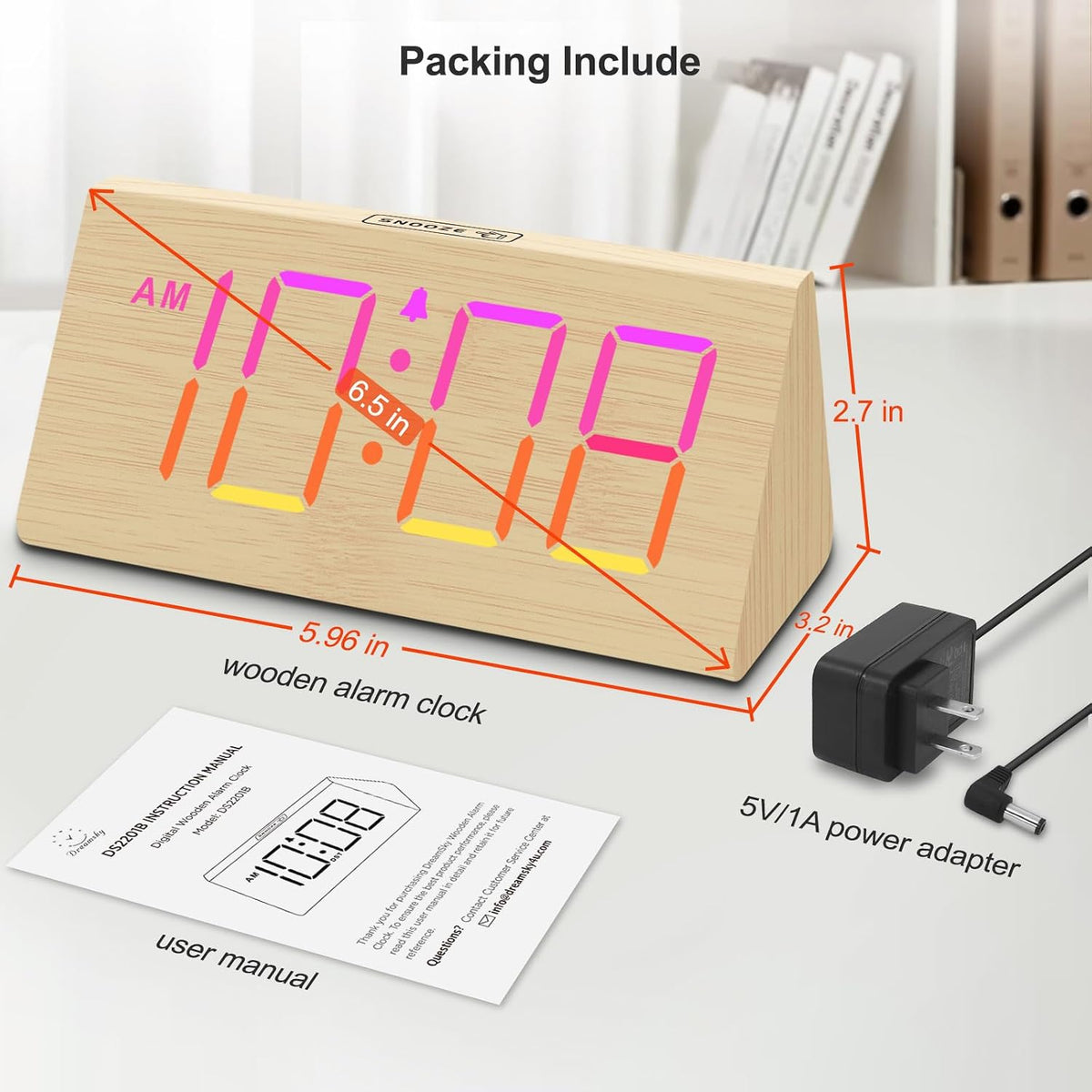 Wooden Digital Alarm Clock for Bedroom Living Room, Large Numbers