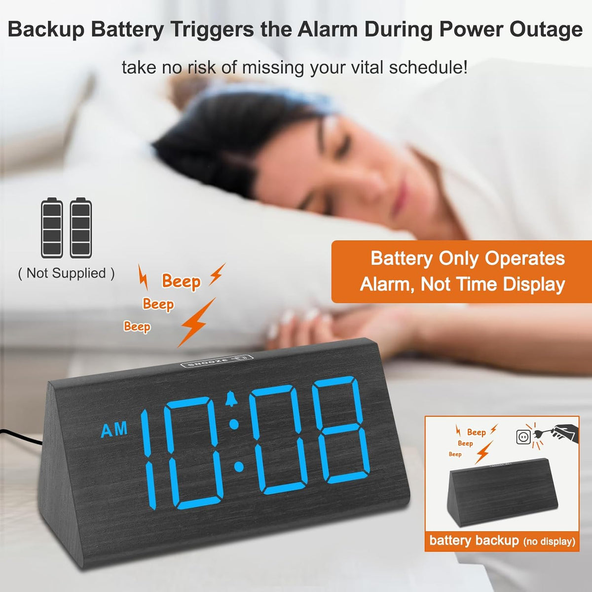 Wooden Digital Alarm Clock for Bedroom Living Room, Large Numbers